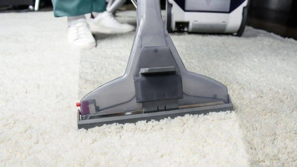 Professional carpet cleaning in action showing deep steam cleaning process
